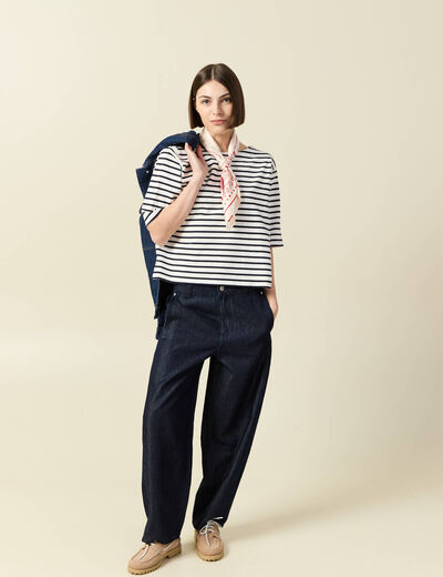 T-shirt ray&eacute; col bateau manches courtes ecru femme