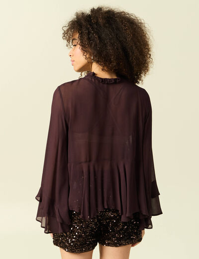 Blouse manches longues col ras de cou marron fonc&eacute; femme