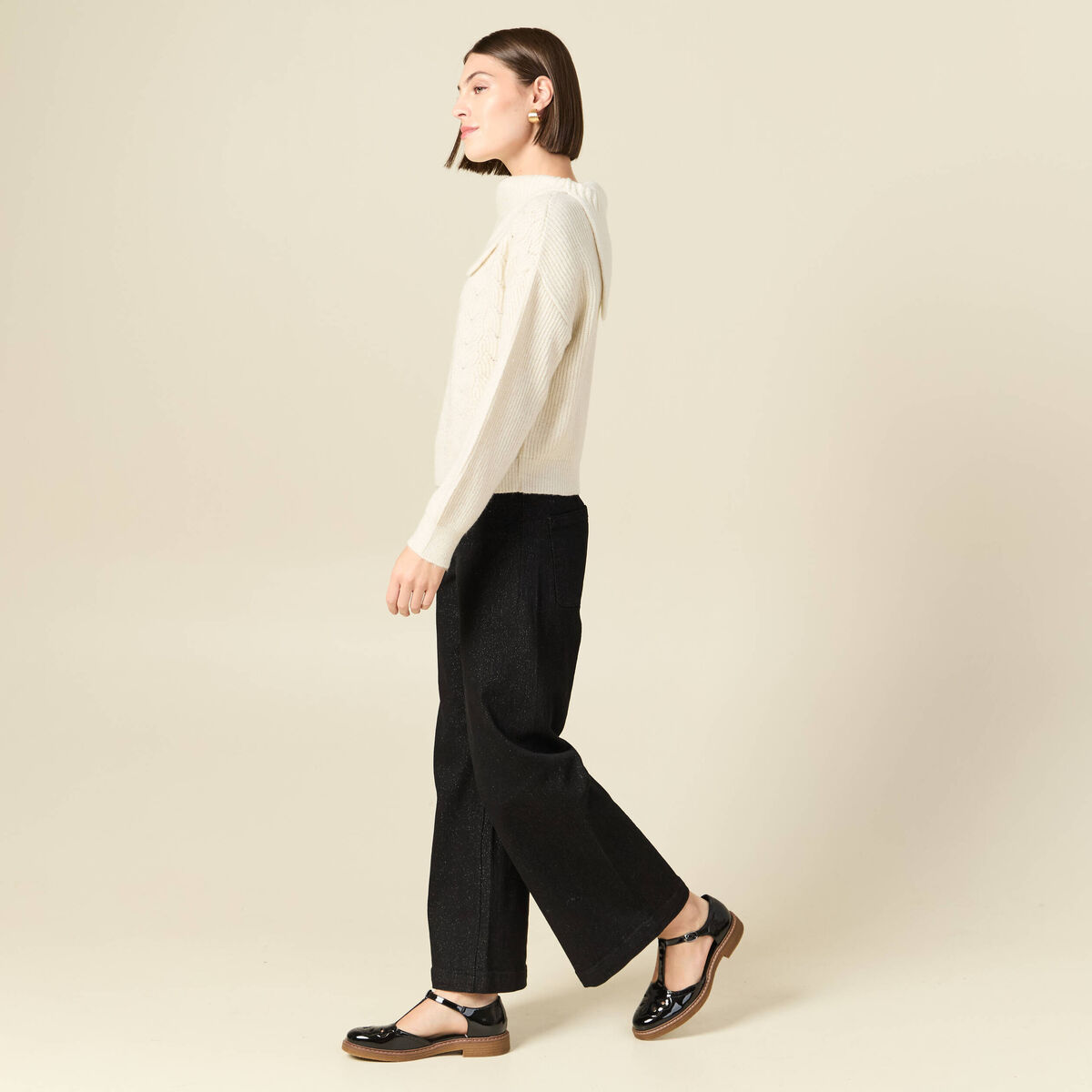 Pull ajour&eacute; manches longues bardot ecru femme