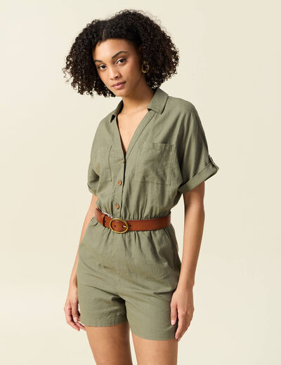 Combishort manches courtes vert kaki femme
