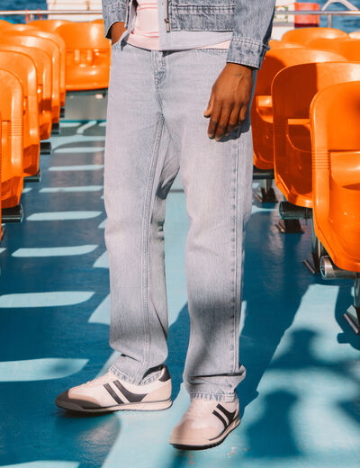 Jeans straight longueur 32 en coton denim bleach homme