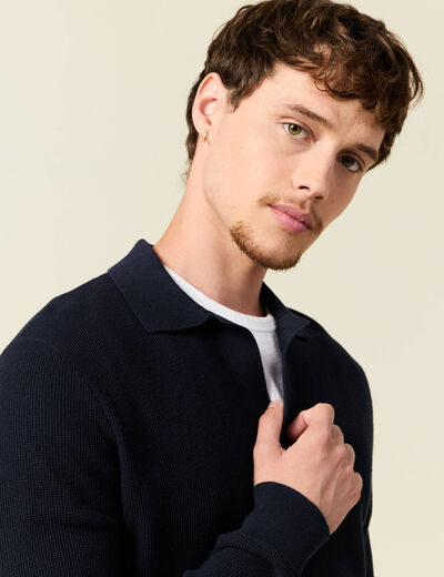 Pull droit col polo manches longues bleu marine homme