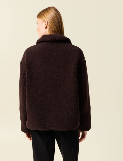 Manteau court droit effet polaire marron foncé femme