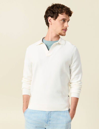 Pull droit col polo manches longues ecru homme