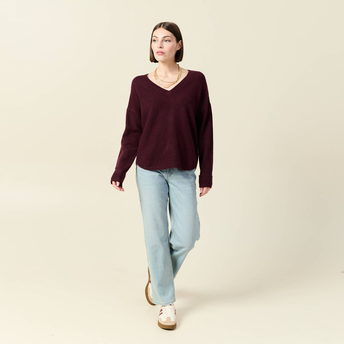 Pull manches longues col en V prune femme