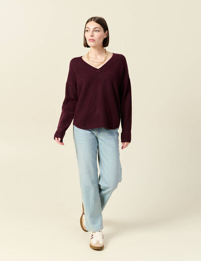 Pull manches longues col en V prune femme