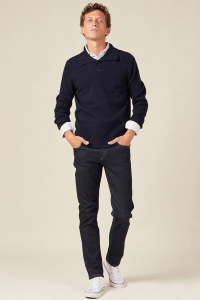Pull manches longues col polo bleu marine homme