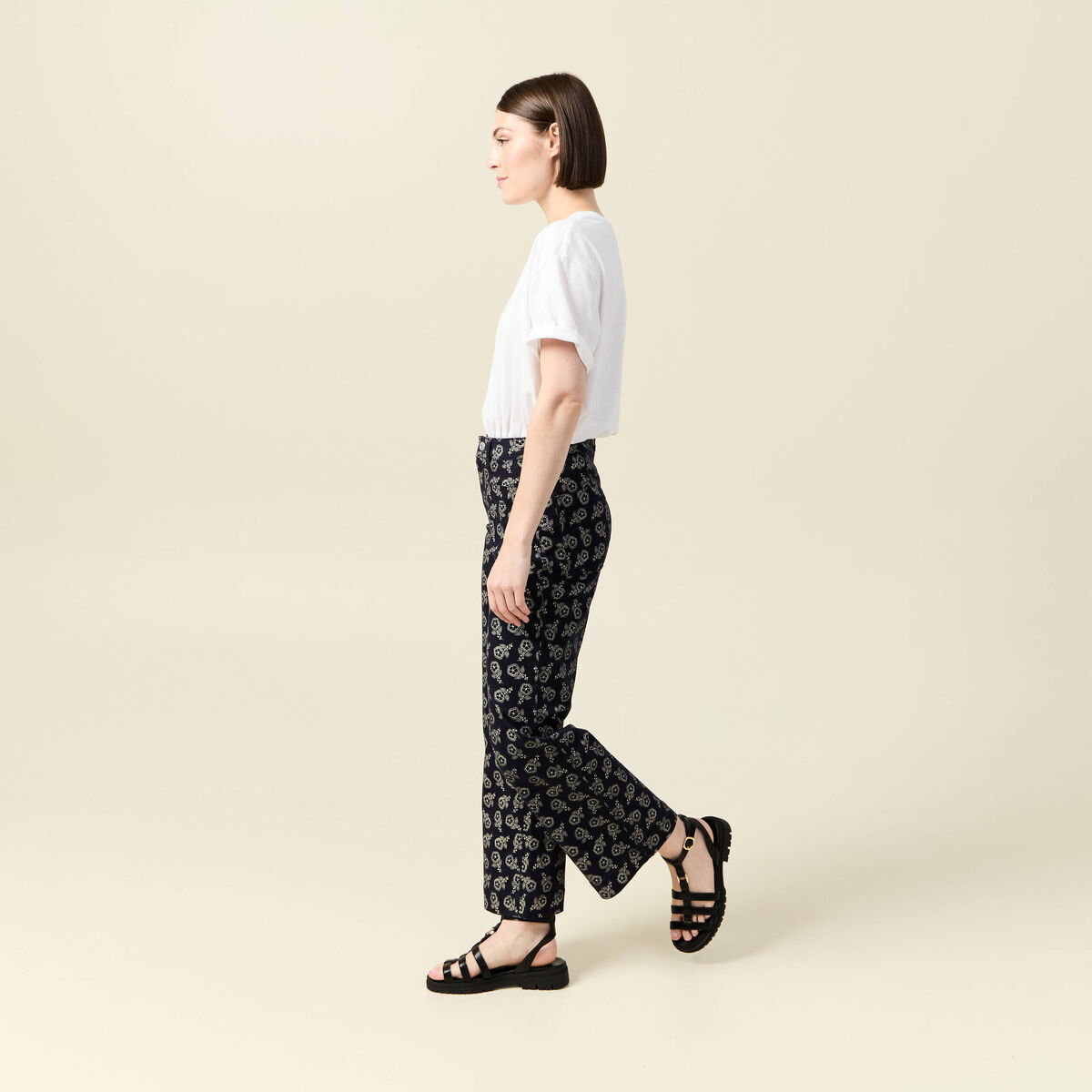 Pantalon large cropped taille haute bleu marine femme