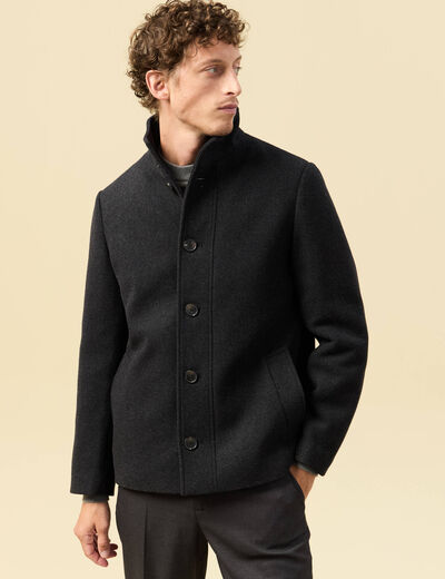 Manteau droit court col montant gris fonc&eacute; homme