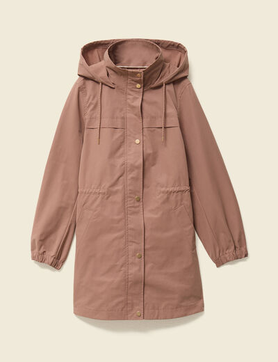 Parka longue droite d&eacute;perlante &agrave; capuche marron clair femme