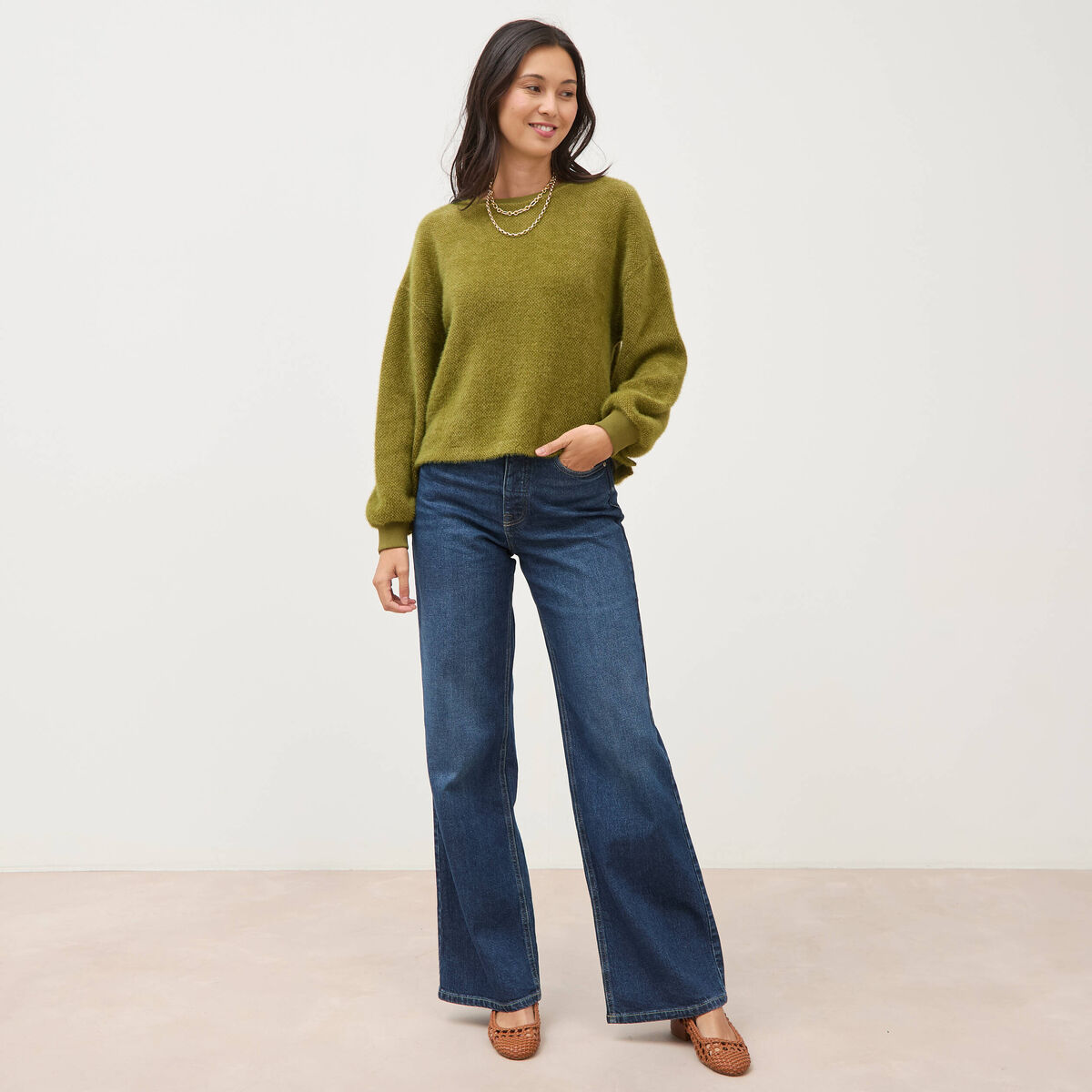Jeans large taille haute denim brut femme