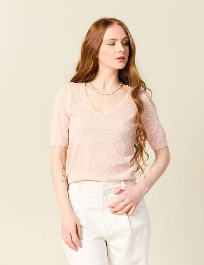 Pull manches courtes ajouré rose poudrée femme