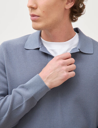 Pull droit col polo manches longues bleu gris homme