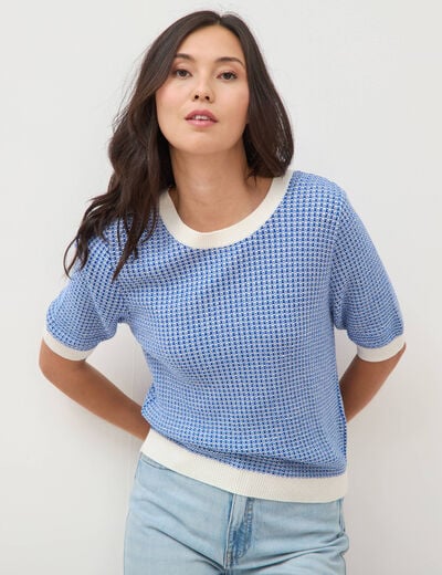 Pull droit court manches courtes bleu electrique femme