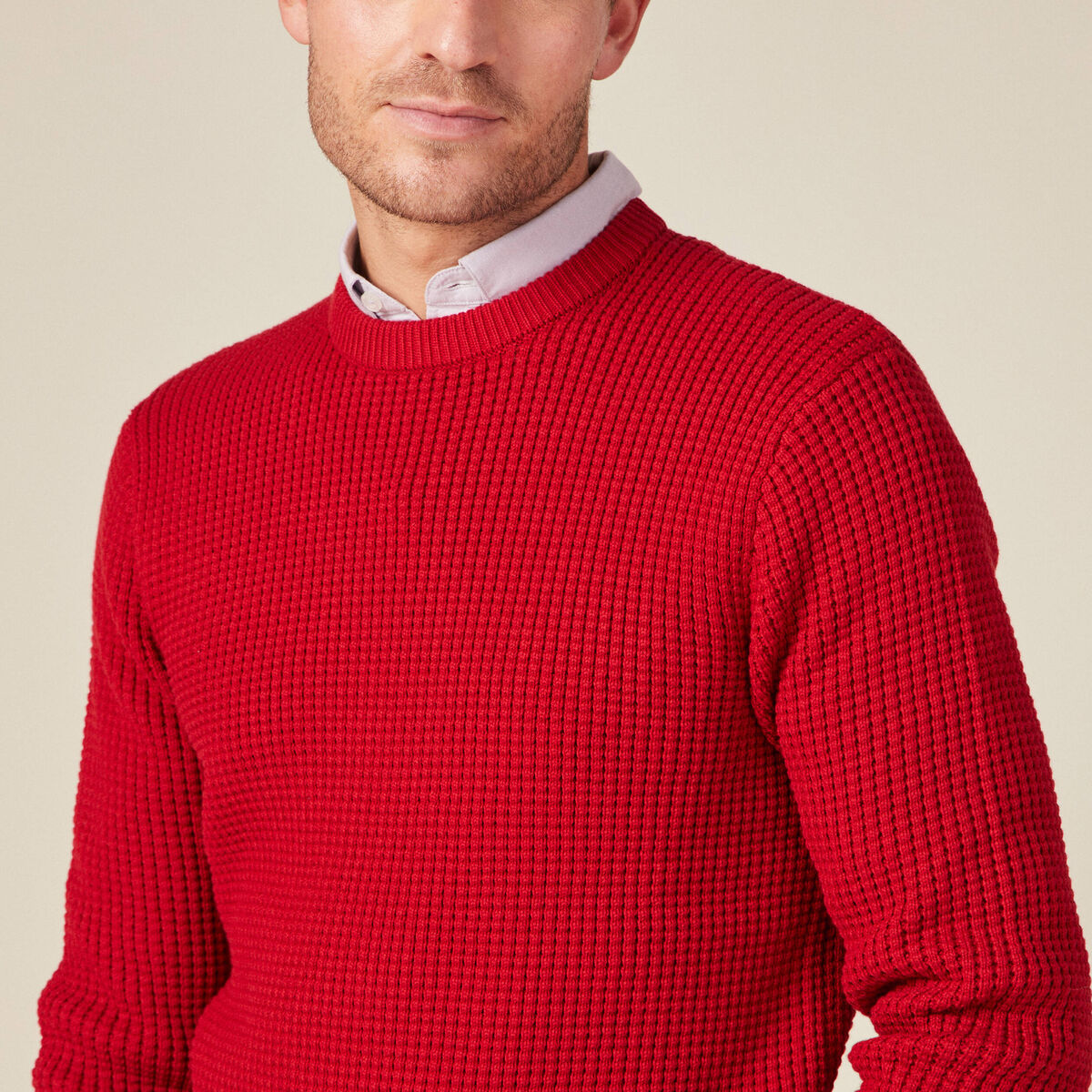 Pull manches longues col rond rouge fonc&eacute; homme