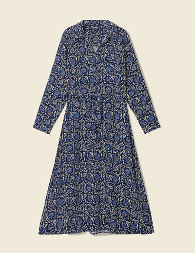 Robe longue droite manches longues bleu femme
