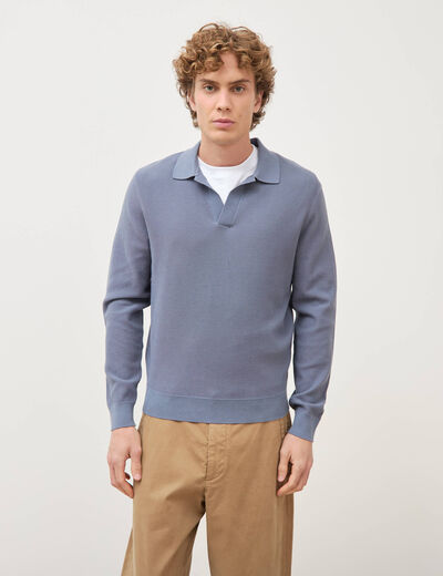 Pull droit col polo manches longues bleu gris homme