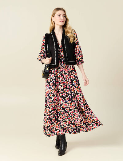Robe longue évasée fluide noir femme