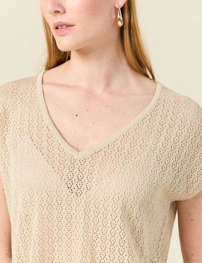 Pull manches courtes ajouré creme femme