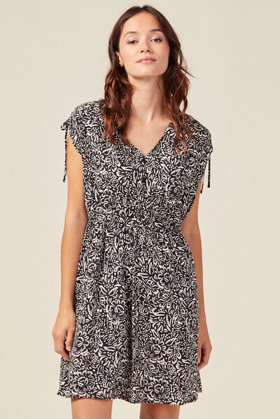 Robe droite fluide col en V noir femme