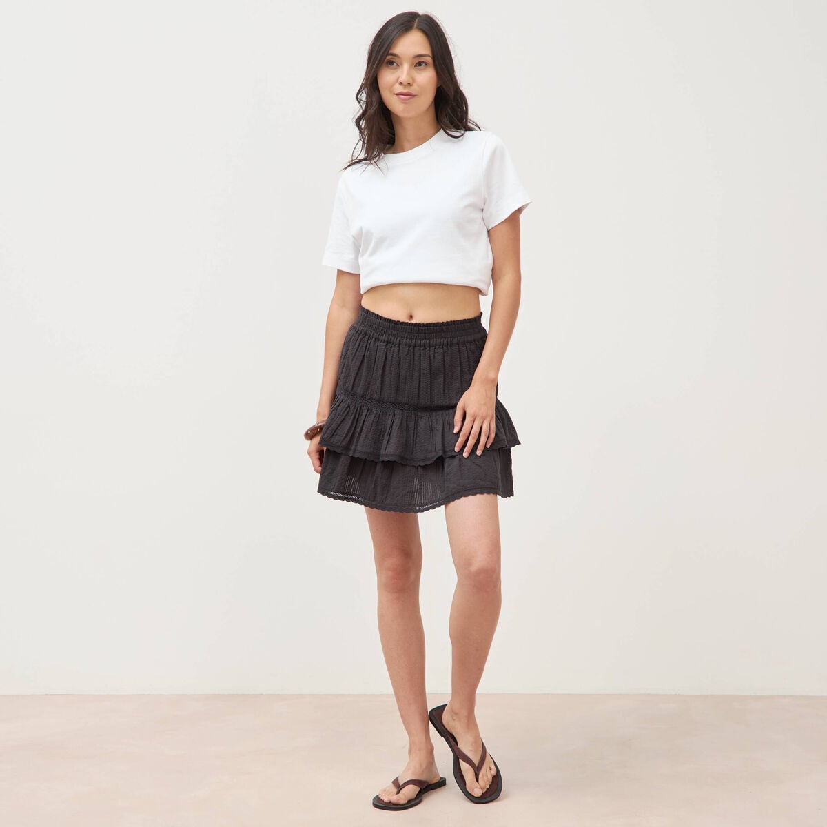 Mini-jupe fluide en coton doubl&eacute;e noir femme