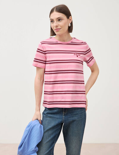 T-shirt ray&eacute; col rond manches courtes vieux rose femme