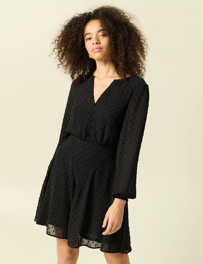 Robe fluide col v manches longues noir femme