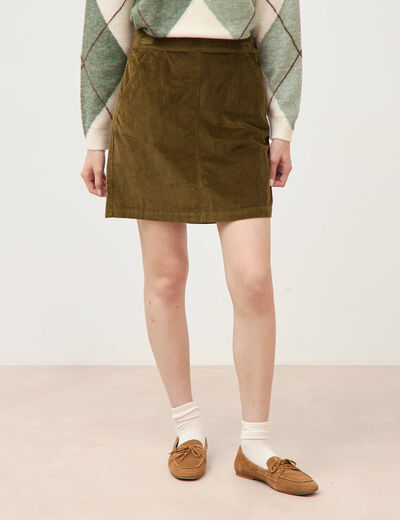 Jupe droite courte en velours vert olive femme