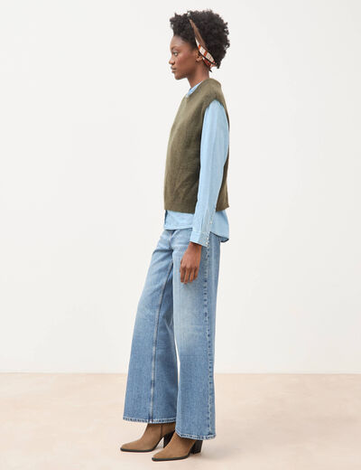 Pull droit court sans manches col rond vert olive femme