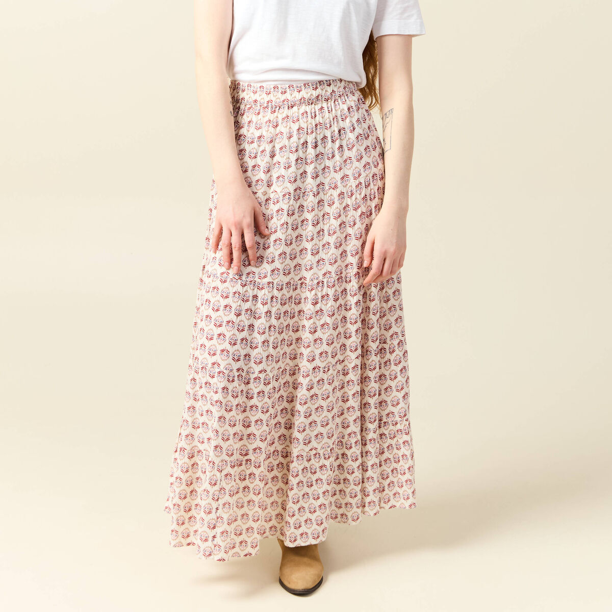 Jupe longue droite fluide ivoire femme