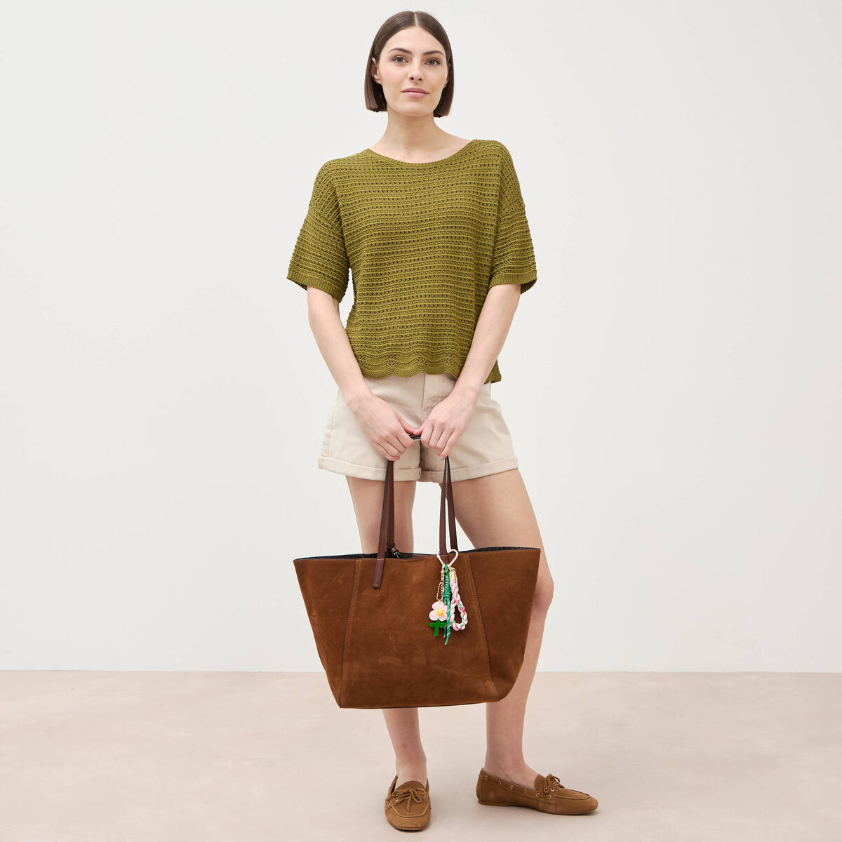 Pull col rond manches courtes vert kaki femme