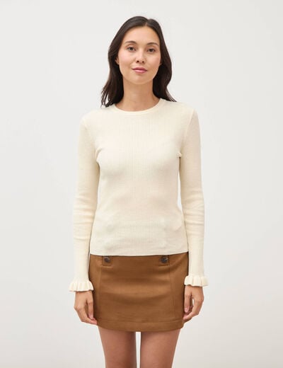Pull cintr&eacute; col rond manches longues creme femme
