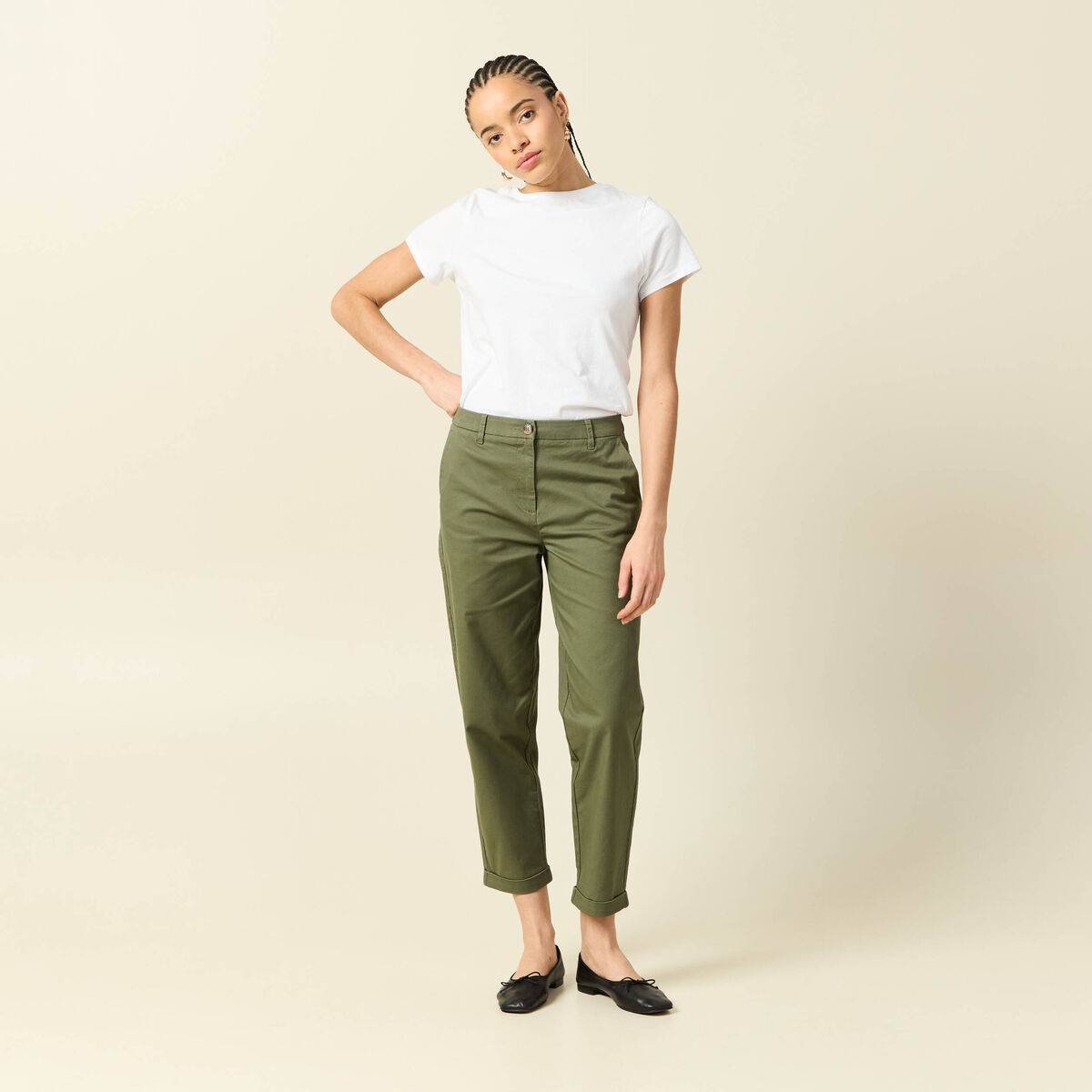 Pantalon taille haute fluide vert kaki femme