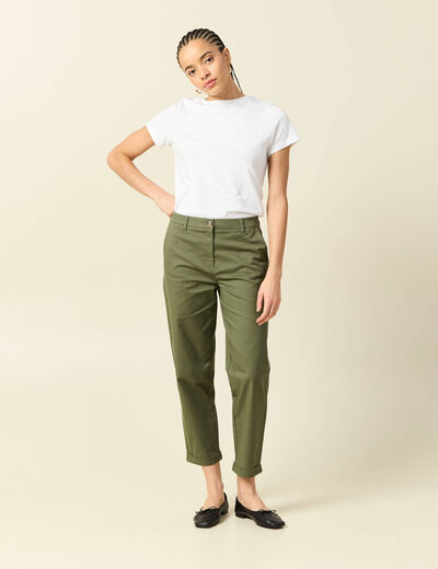 Pantalon taille haute fluide vert kaki femme