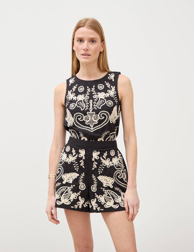 Short en coton avec broderie noir femme
