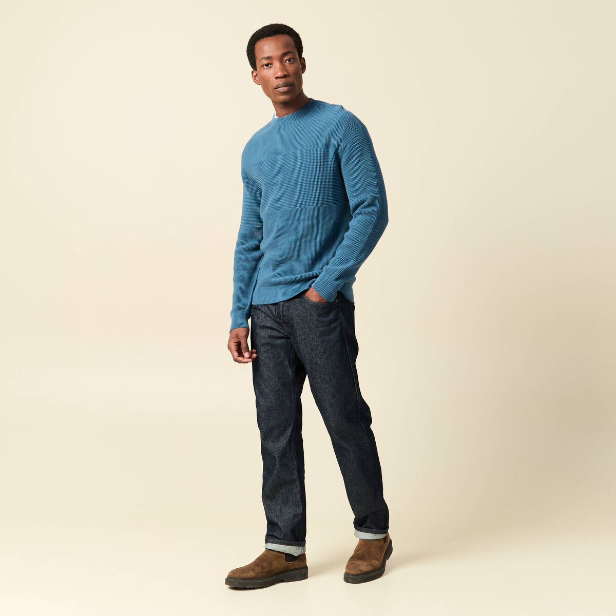 Pull col rond manches longues en coton bleu gris homme