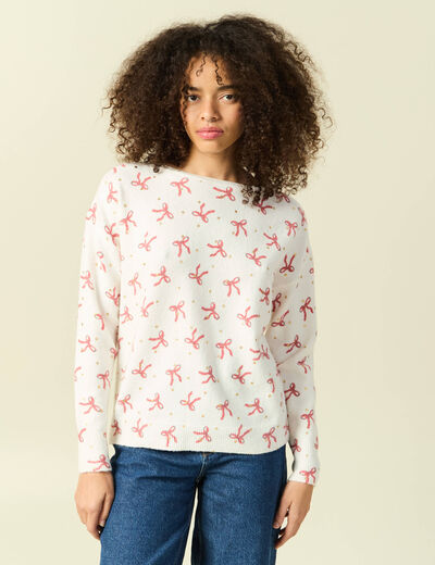 Pull de no&euml;l col bateau manches longues creme femme