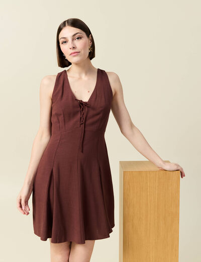 Robe sans manches col V marron femme