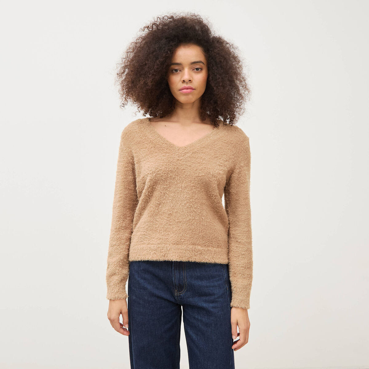 Pull droit col v manches longues camel femme