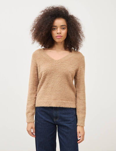 Pull droit col v manches longues camel femme
