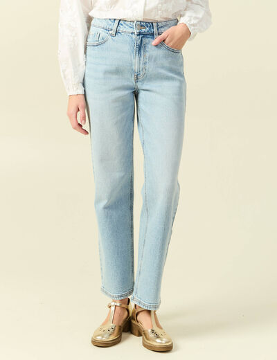 Jeans straight 7/8&egrave;me taille haute denim bleach femme