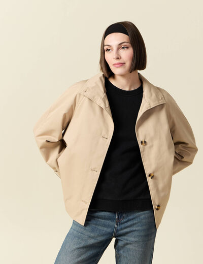 Trench droit court col montant beige femme