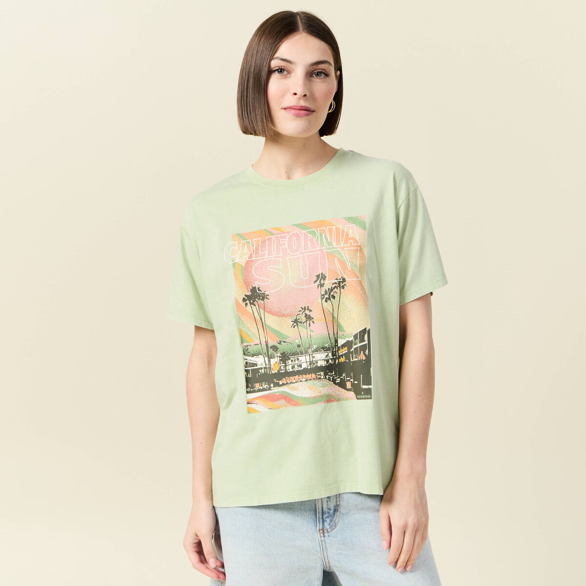 T-shirt oversize mi-long col rond vert clair femme