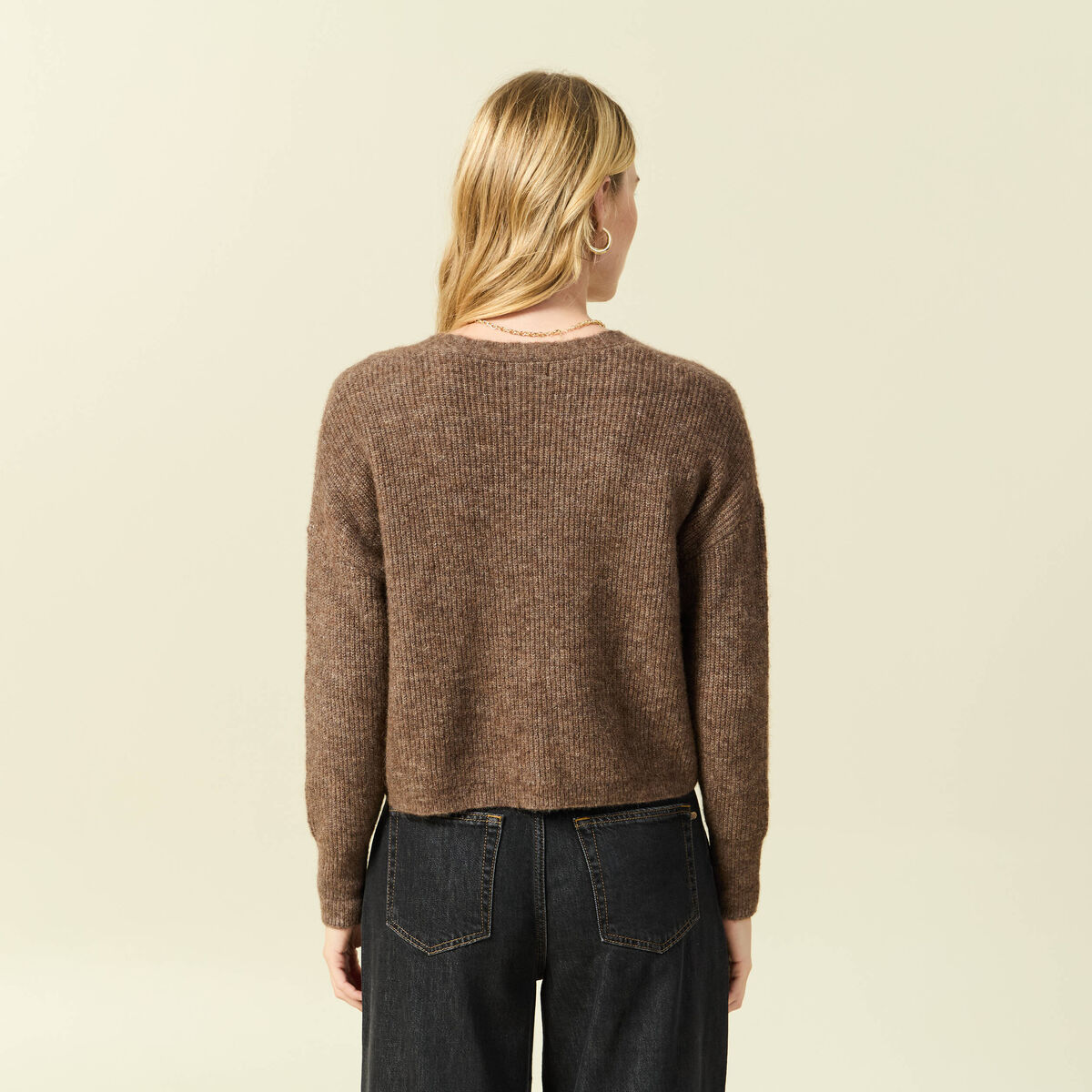 Gilet col V manches longues n&oelig;uds marron femme