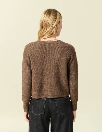 Gilet col V manches longues n&oelig;uds marron femme