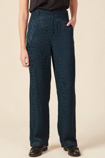 Pantalon large satin bleu canard femme