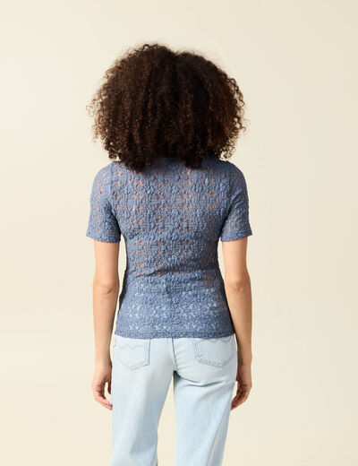 T-shirt cintr&eacute; col rond dentelle bleu gris femme