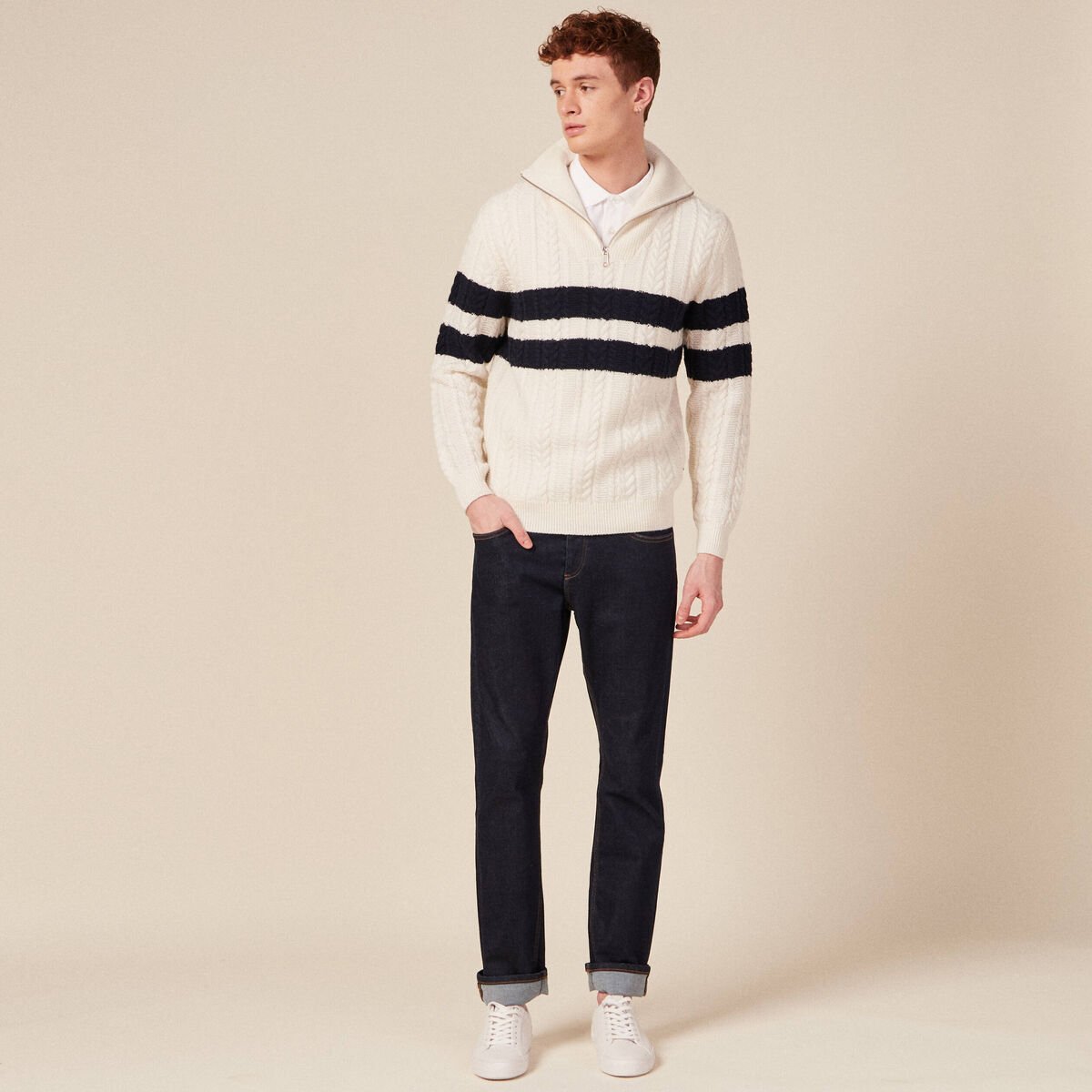 Pull col camionneur zippé ecru homme
