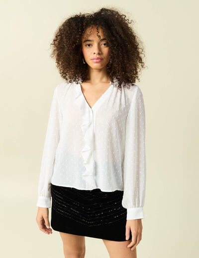 Blouse manches longues col tunisien blanc femme
