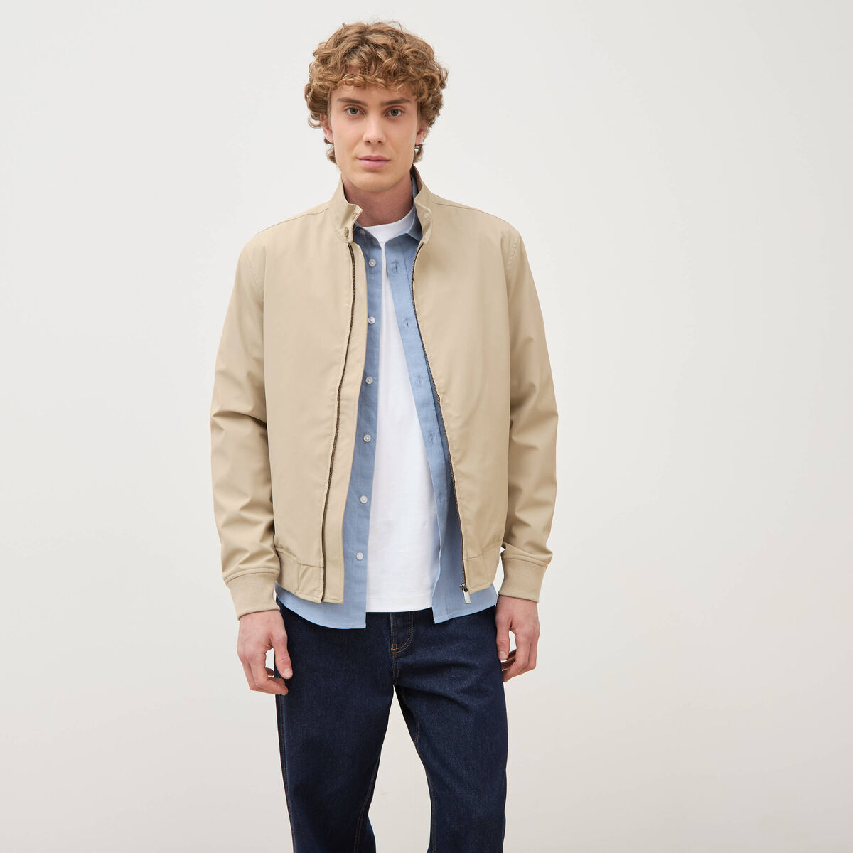 Blouson col camionneur manches longues beige homme
